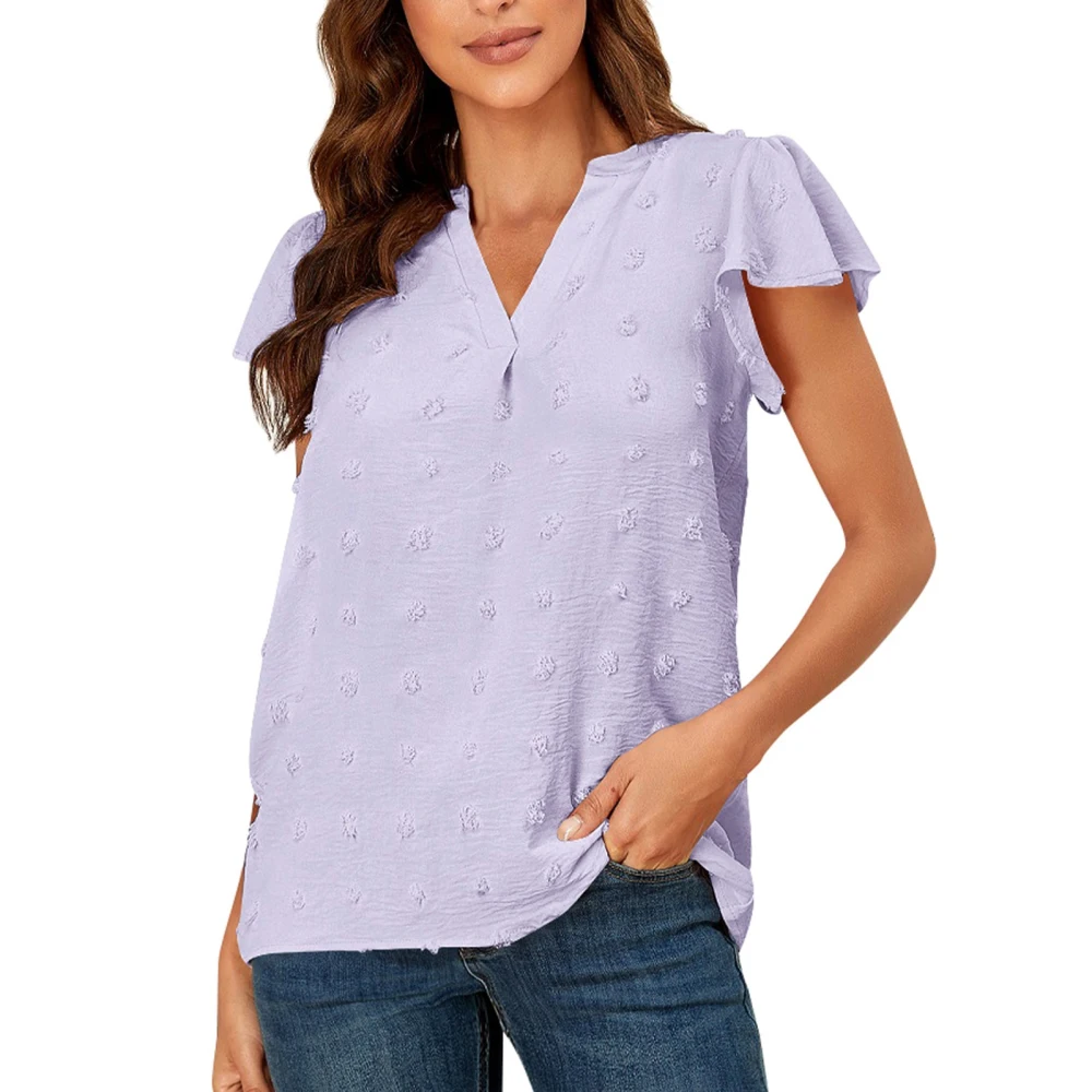 Jacquard Short Sleeve Blouse V Neck Ruffle Sleeved Casual Fitted Blouse Shirt for Women Lady Purple M