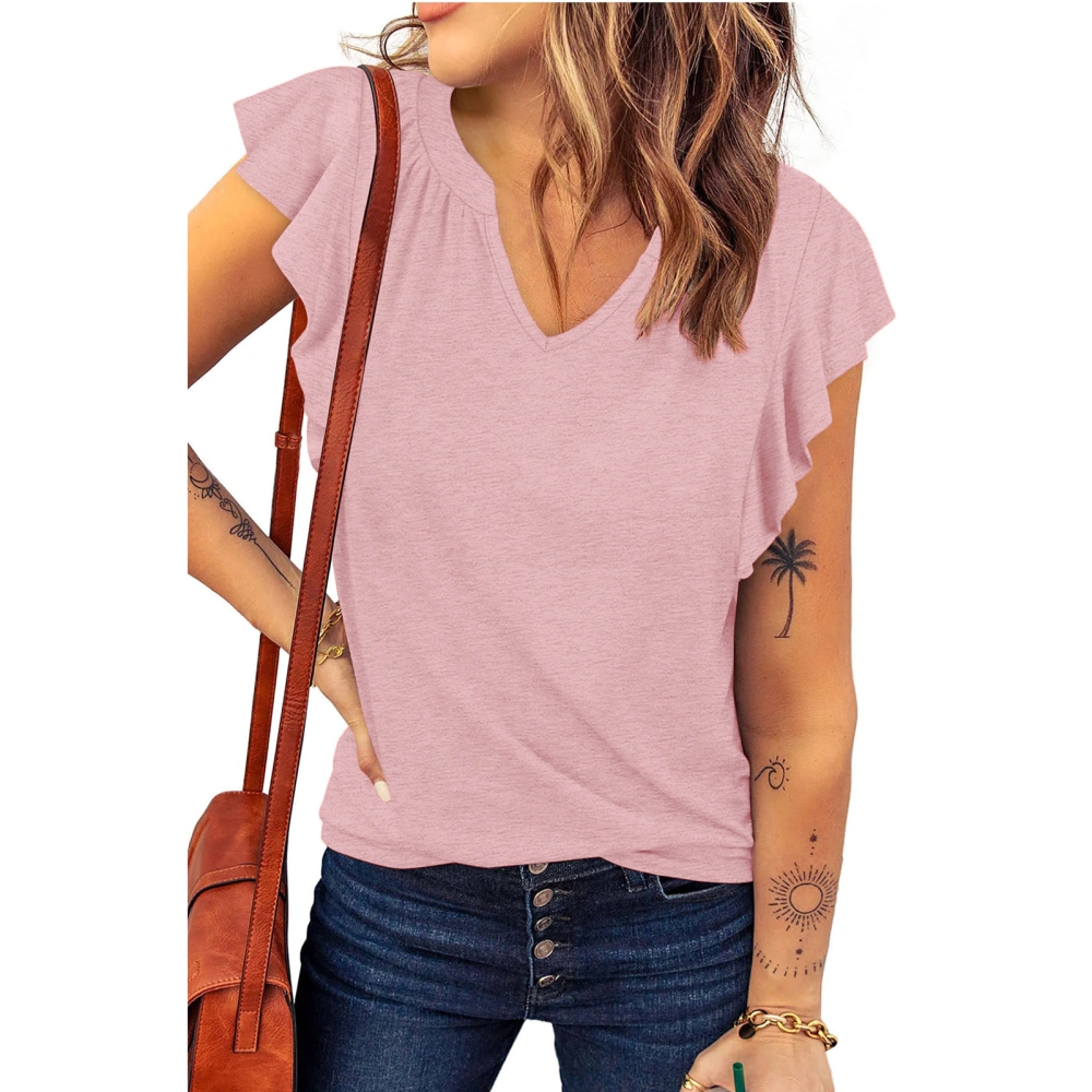 Women Summer Blouse V Neck Cap Sleeve Casual Flowy Pure Color Elegant Tee Shirts for Female Pink XXL