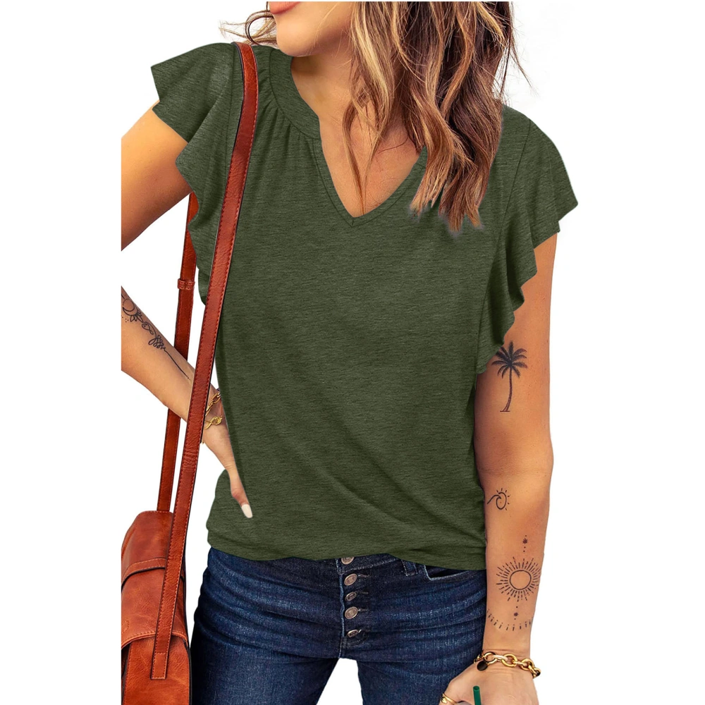 Women Summer Blouse V Neck Cap Sleeve Casual Flowy Pure Color Elegant Tee Shirts for Female OD Green M