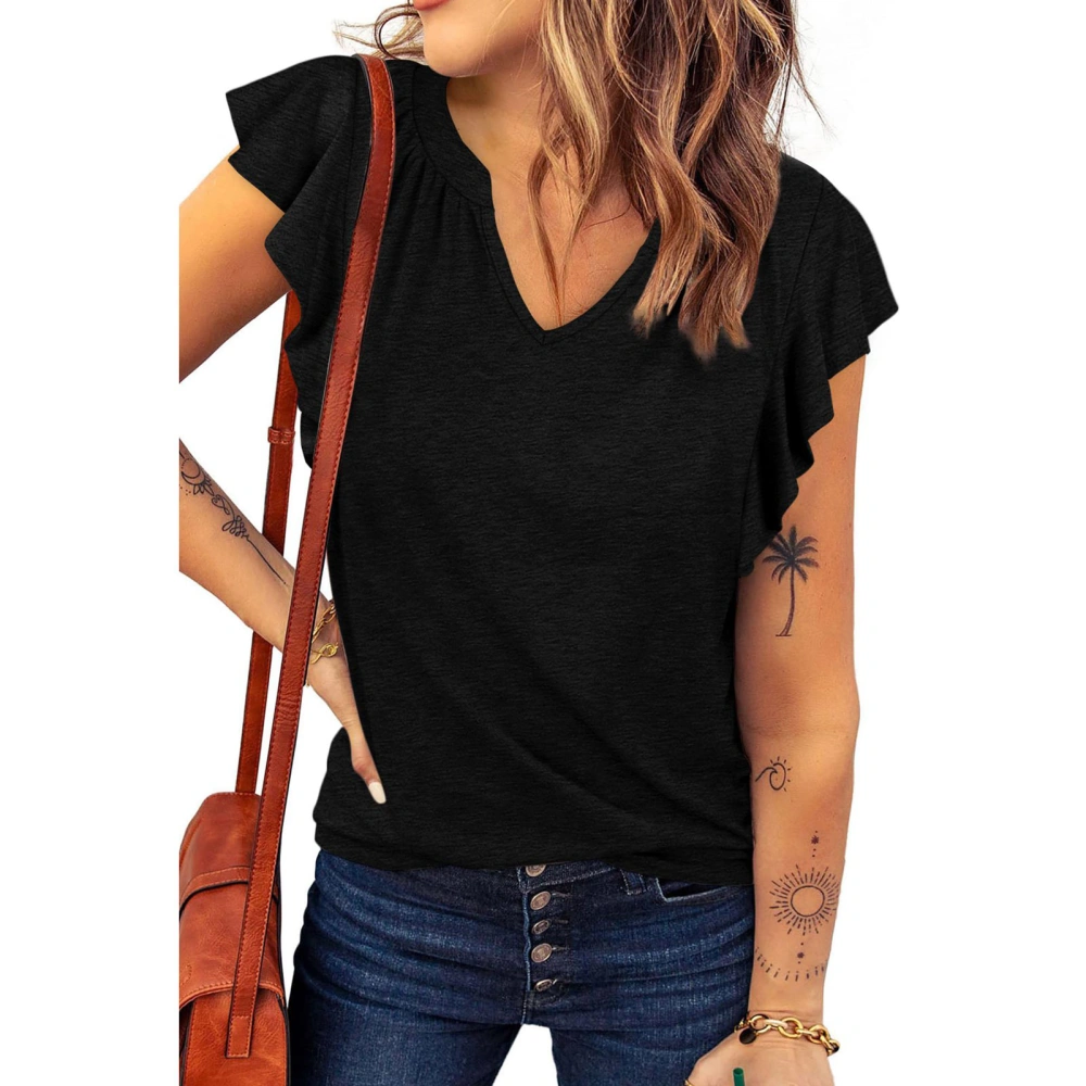 Women Summer Blouse V Neck Cap Sleeve Casual Flowy Pure Color Elegant Tee Shirts for Female Black S