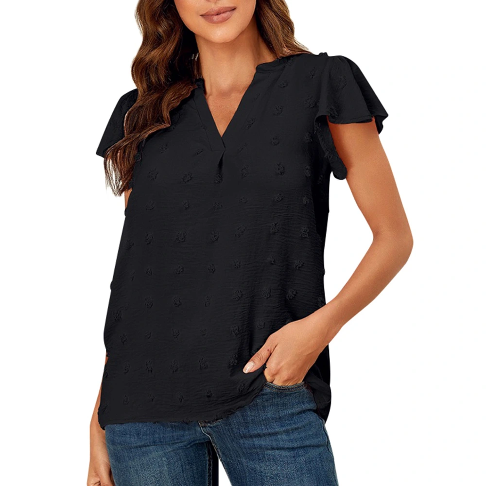 Jacquard Short Sleeve Blouse V Neck Ruffle Sleeved Casual Fitted Blouse Shirt for Women Lady Black S