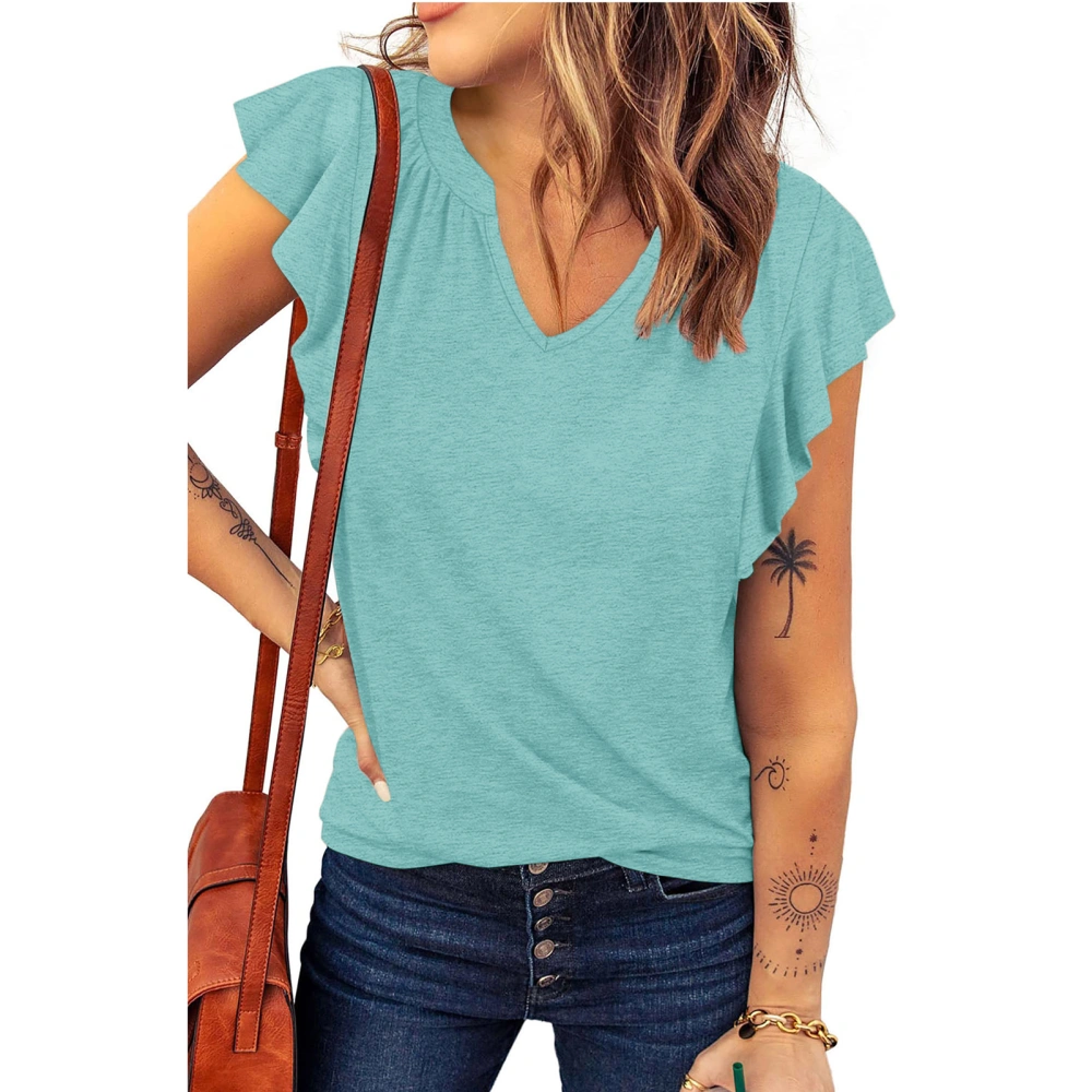 Women Summer Blouse V Neck Cap Sleeve Casual Flowy Pure Color Elegant Tee Shirts for Female Green M