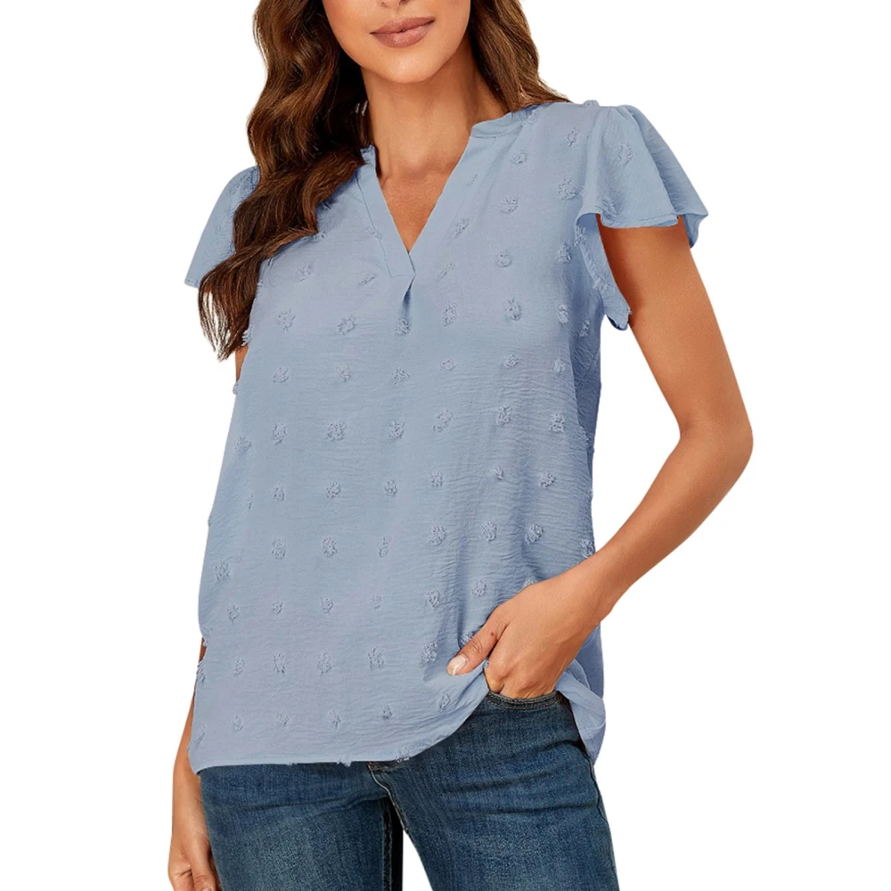 Jacquard Short Sleeve Blouse V Neck Ruffle Sleeved Casual Fitted Blouse Shirt for Women Lady Blue S