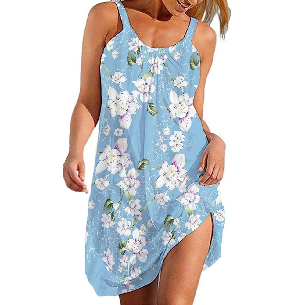 Women Summer Plus Size Tank Dress Sleeveless Elegant Loose Fitting Beach Tunic Dress Blue White Floral Print S