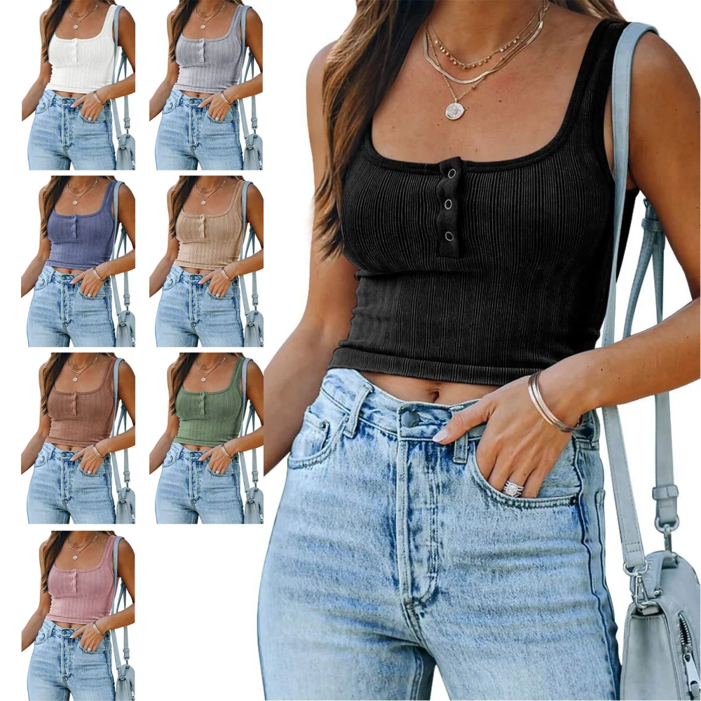 Women Casual Crop Top Vest Square Neck Sleeveless Knitting Blouse with Front Button for Summer Wear Black S