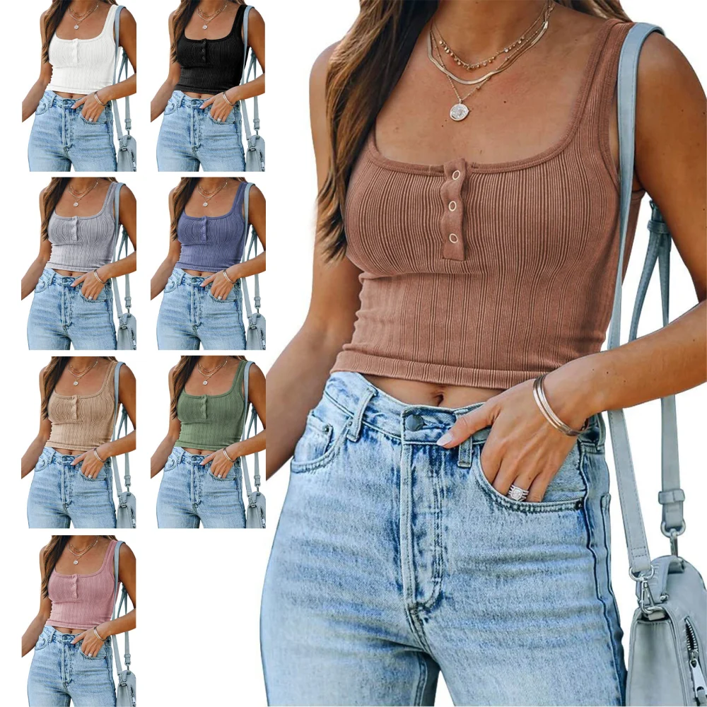 Women Casual Crop Top Vest Square Neck Sleeveless Knitting Blouse with Front Button for Summer Wear Brown S