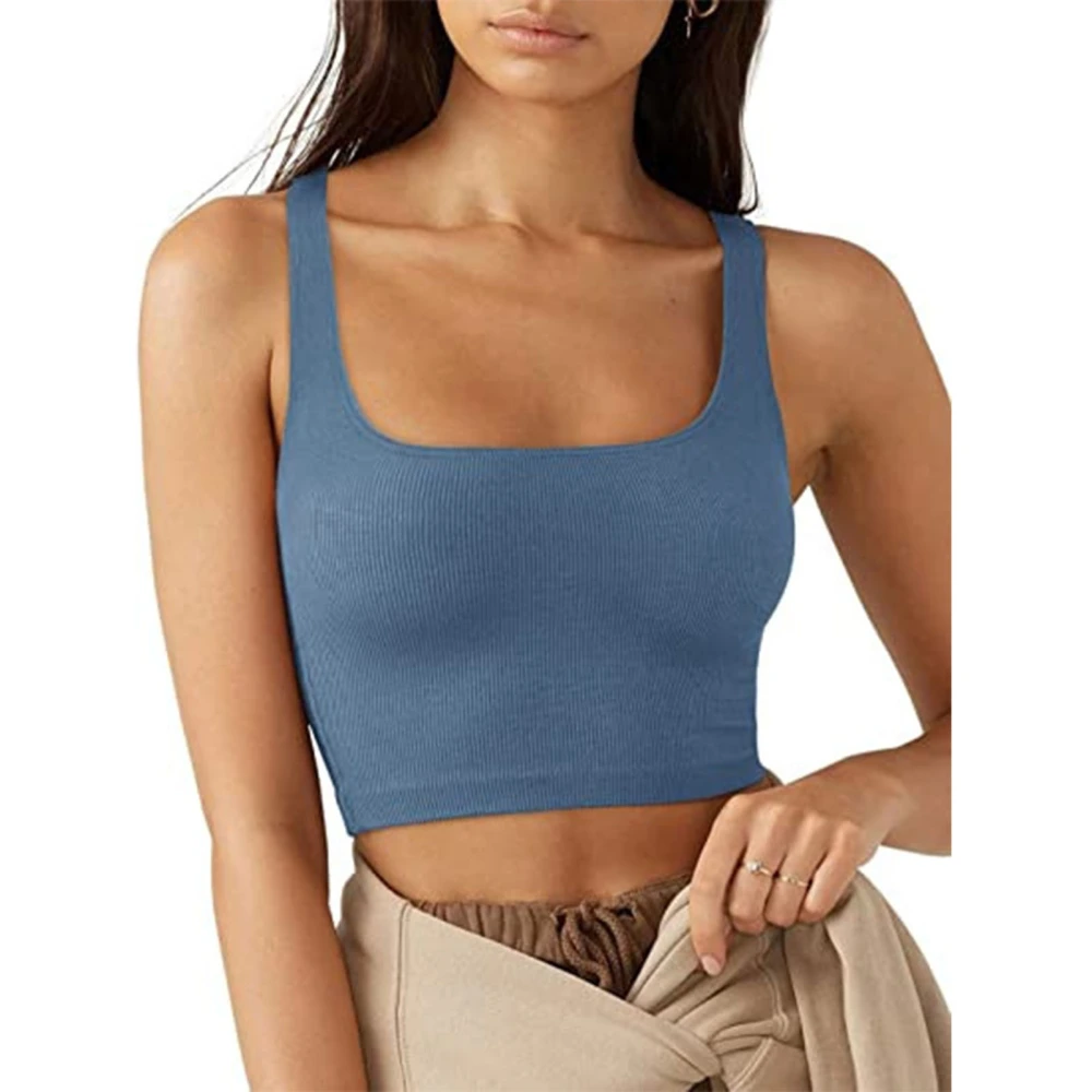 Short Sleeveless Tank Top Square Neck Pure Color Comfortable Fashionable Breathable Casual for Party Shopping Blue L