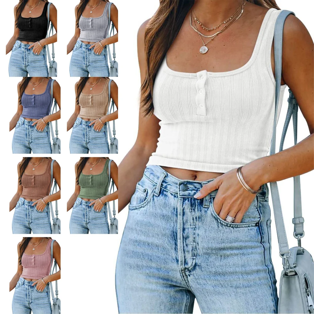 Women Casual Crop Top Vest Square Neck Sleeveless Knitting Blouse with Front Button for Summer Wear White M