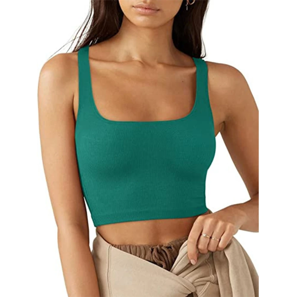 Short Sleeveless Tank Top Square Neck Pure Color Comfortable Fashionable Breathable Casual for Party Shopping Green XXL