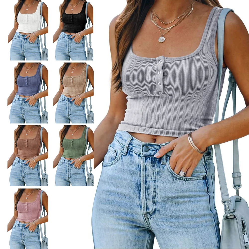 Women Casual Crop Top Vest Square Neck Sleeveless Knitting Blouse with Front Button for Summer Wear Grey XL