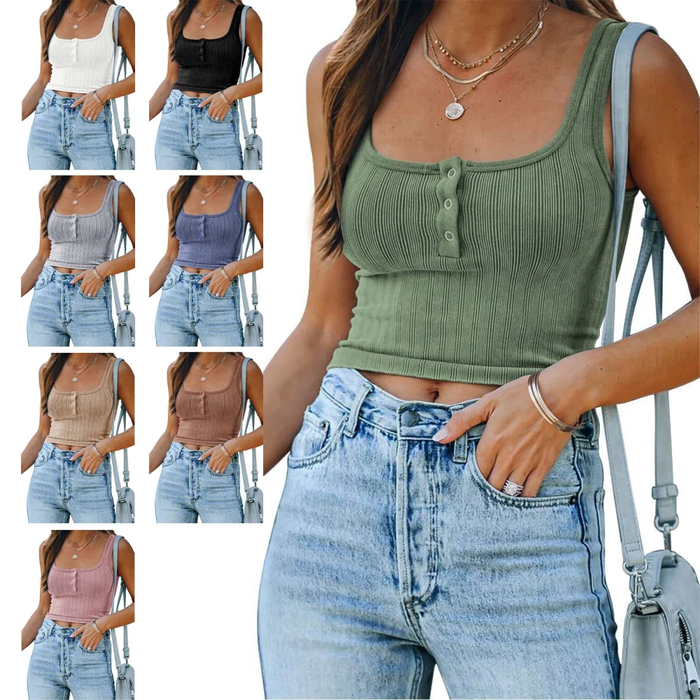 Women Casual Crop Top Vest Square Neck Sleeveless Knitting Blouse with Front Button for Summer Wear Green L