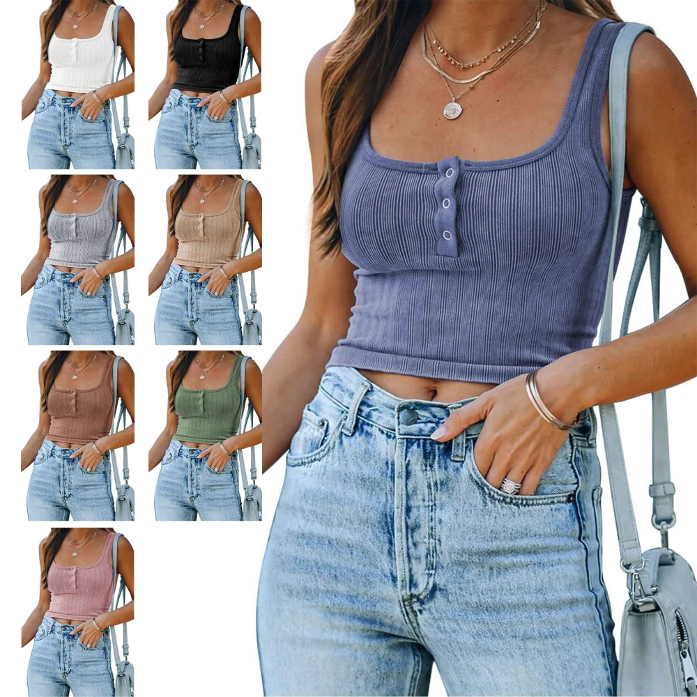 Women Casual Crop Top Vest Square Neck Sleeveless Knitting Blouse with Front Button for Summer Wear Blue XL