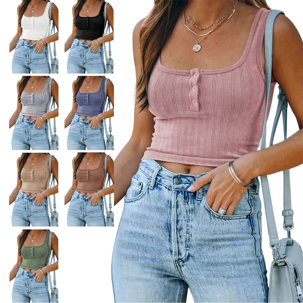 Women Casual Crop Top Vest Square Neck Sleeveless Knitting Blouse with Front Button for Summer Wear Pink L