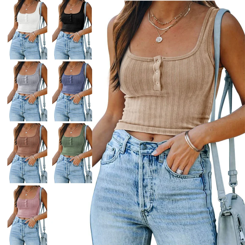 Women Casual Crop Top Vest Square Neck Sleeveless Knitting Blouse with Front Button for Summer Wear Khaki S