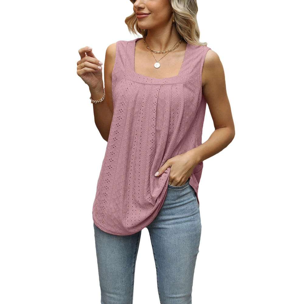 Women Sleeveless Top Hollow Out Pure Color Pleated Casual Lady Tank Top for Work Dating Shopping Dark Pink XXL