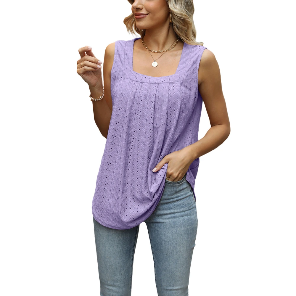 Women Sleeveless Top Hollow Out Pure Color Pleated Casual Lady Tank Top for Work Dating Shopping Purple XXL