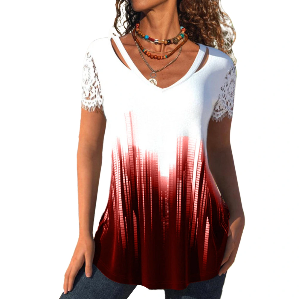 Women Short Sleeve Shirt Patchwork Lace Sleeves V Neck Loose Women Printed Shirt Top for Summer Daily Party Red S