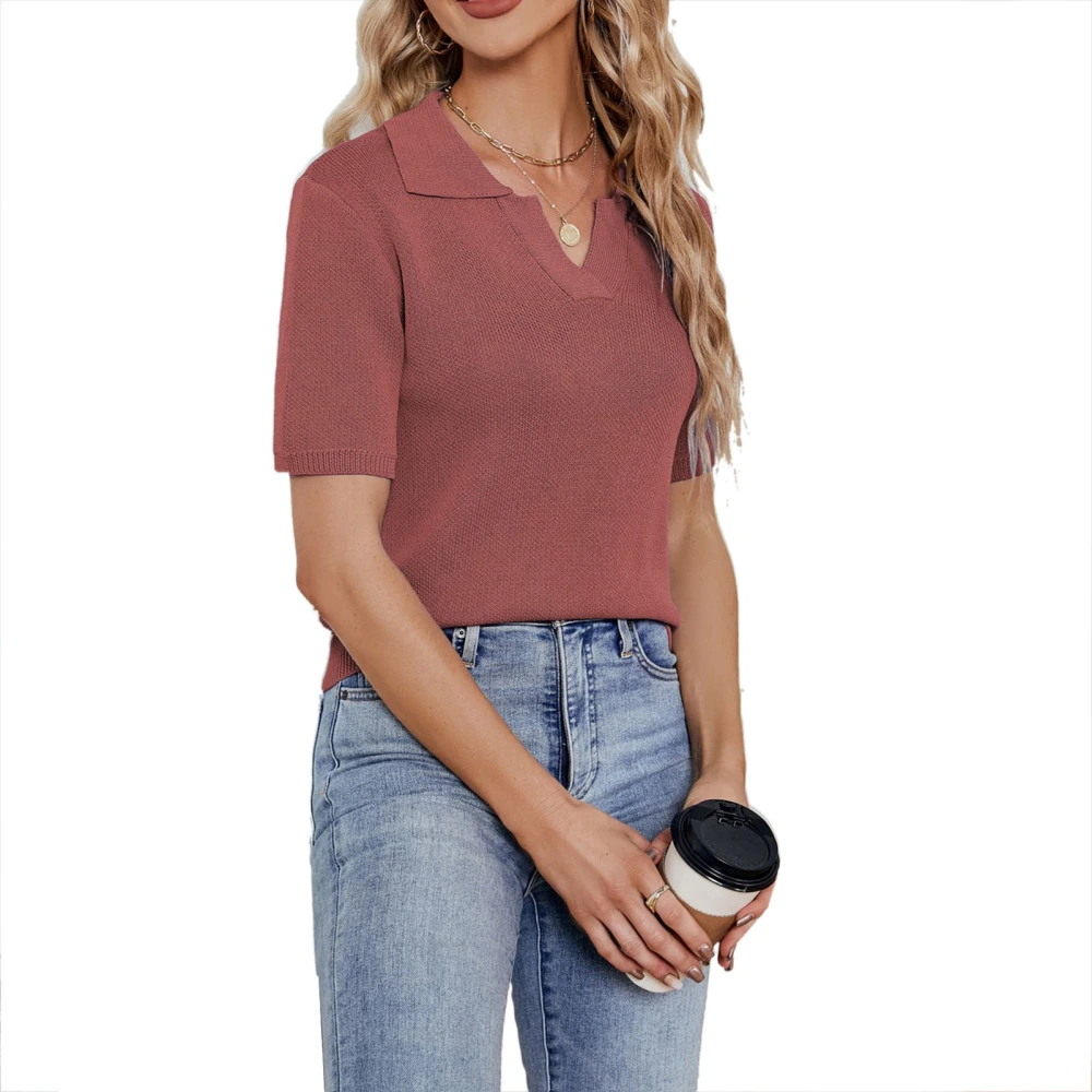 Women Short Sleeve Shirts Fashionable Pure Color Casual Comfortable Ladies Blouse Top for Summer Rust Red S