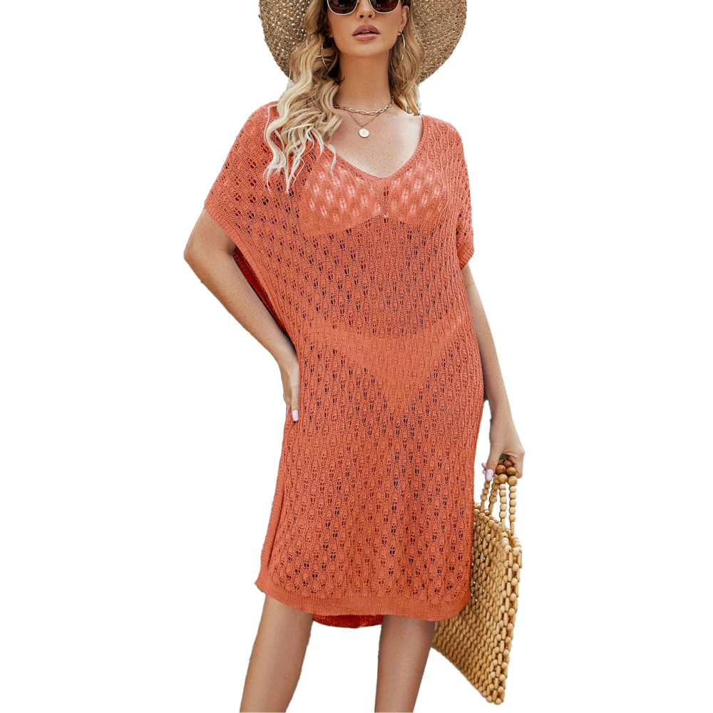 Women Bikini Coverup V Neck Short Sleeves Side Slit Hollow Up Swimsuit Covering Dress Orange Free Size