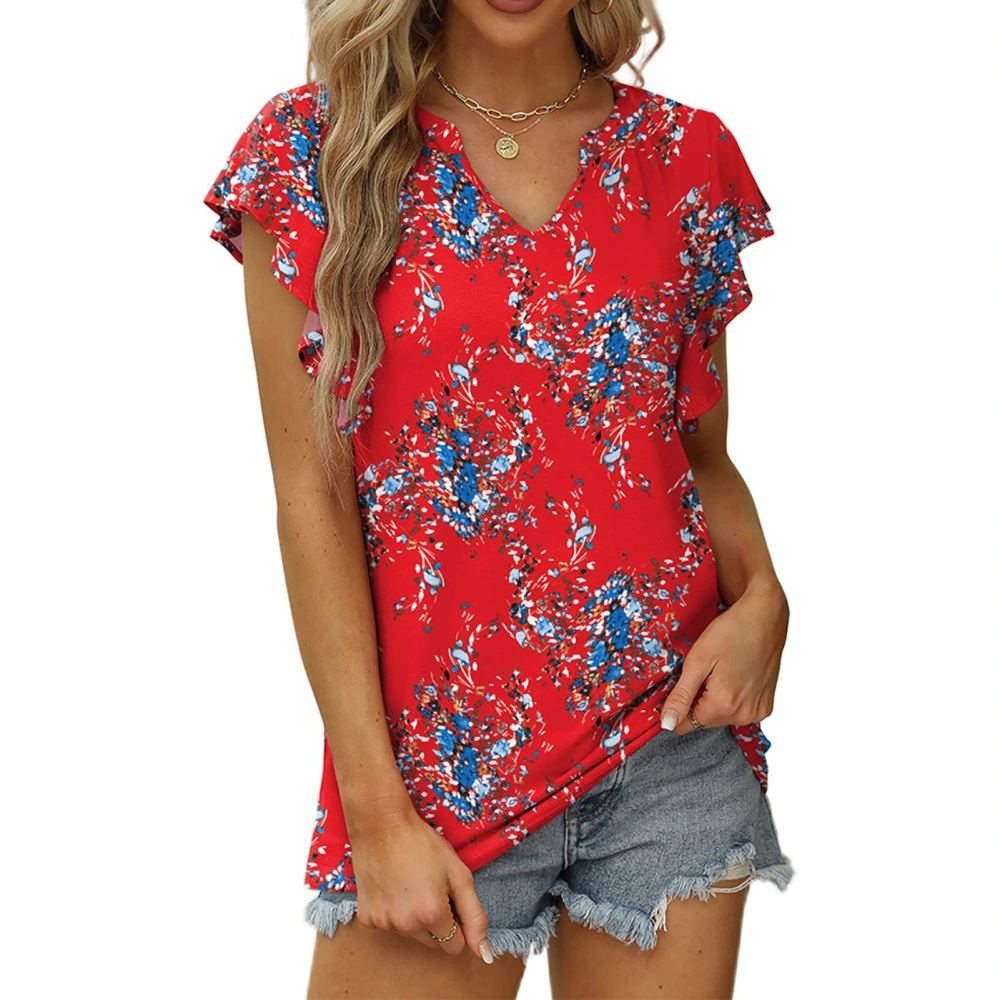 Ruffle Sleeve Blouse Top V Neckline Printed Short Sleeved Slim Fitted Ruffle Sleeve Blouse for Summer Red Floral XXL