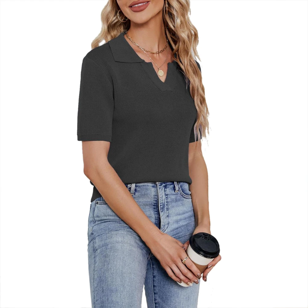 Women Short Sleeve Shirts Fashionable Pure Color Casual Comfortable Ladies Blouse Top for Summer Black XL