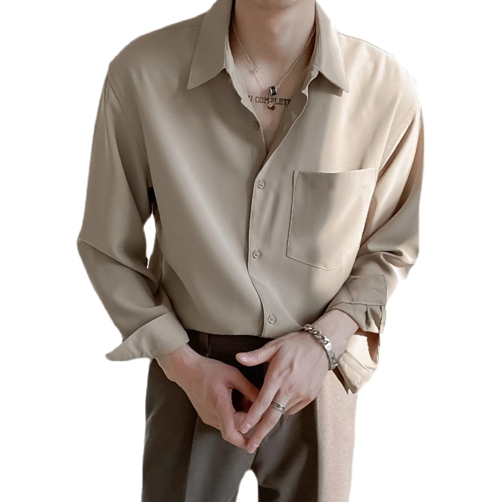 Men Long Sleeve Shirt Cotton Blending Button Down Turndown Collar Casual Shirt for Spring Autumn Khaki L