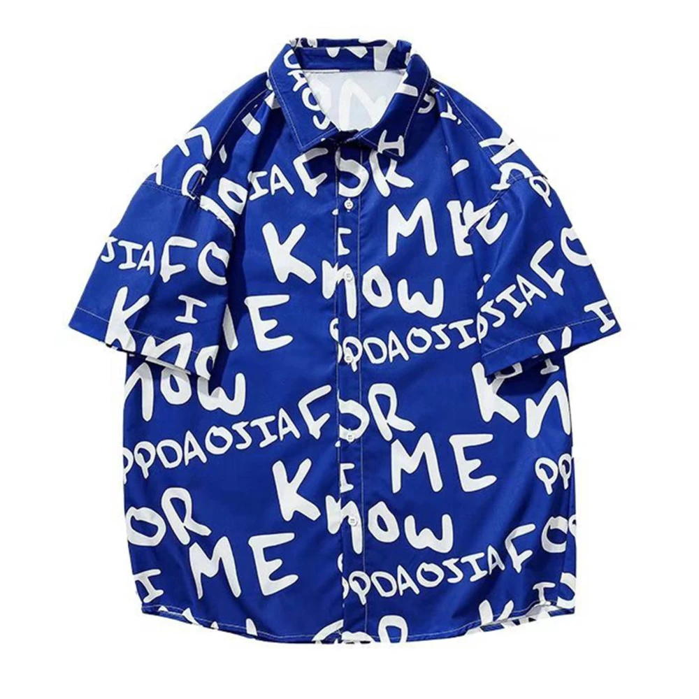 Male Oversized Shirt Letter Pattern Printed Turn Down Collar Single Breasted Short Sleeve Shirt Top for Men Blue L