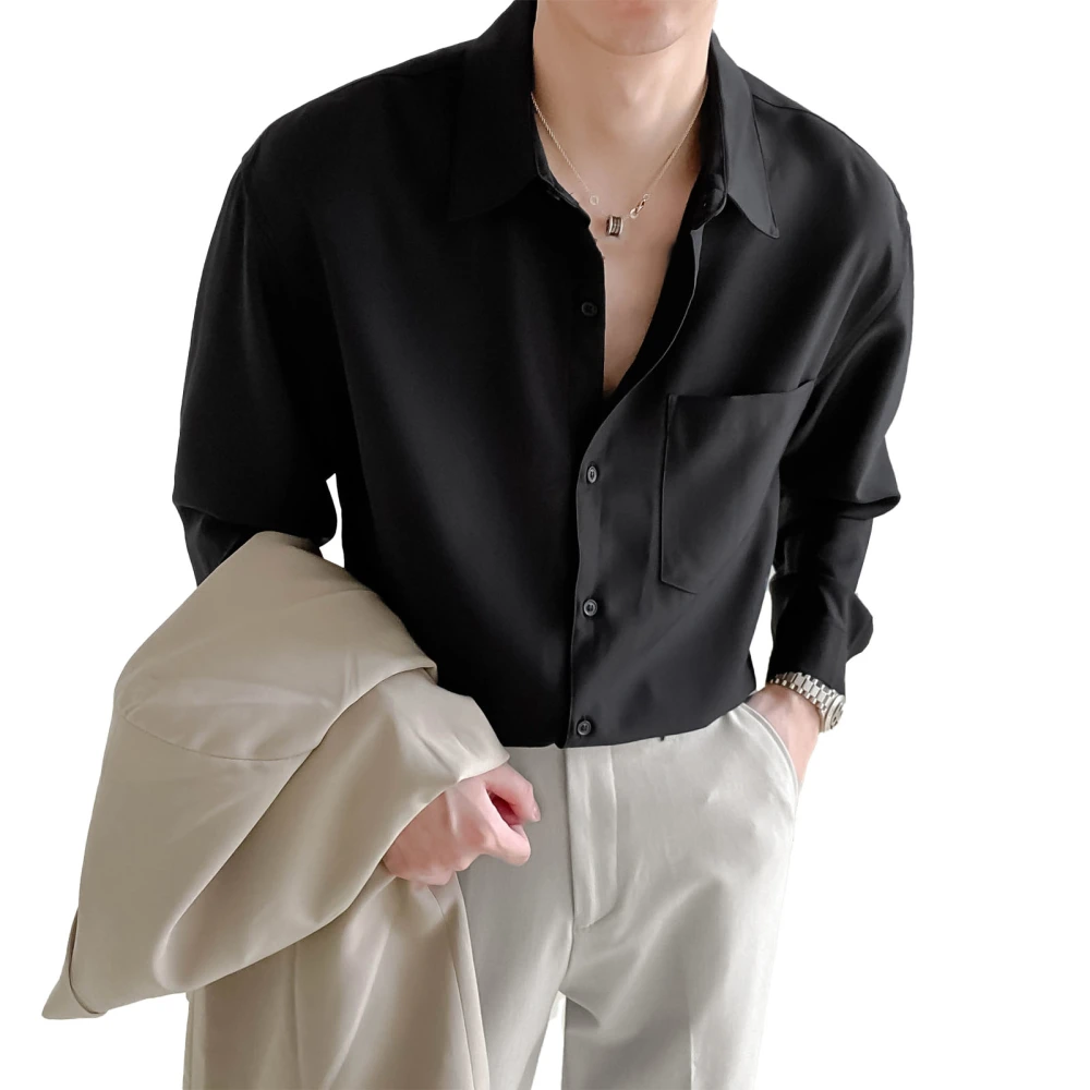 Men Long Sleeve Shirt Cotton Blending Button Down Turndown Collar Casual Shirt for Spring Autumn Black L