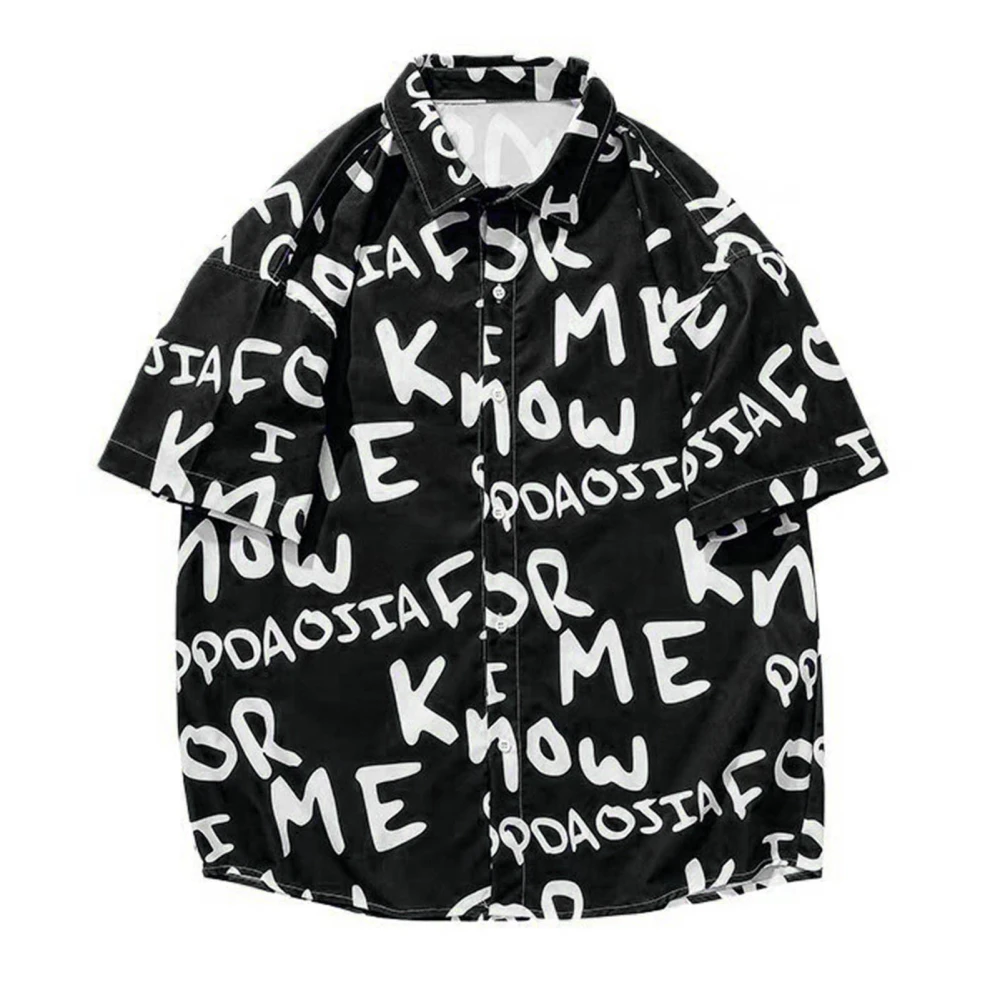 Male Oversized Shirt Letter Pattern Printed Turn Down Collar Single Breasted Short Sleeve Shirt Top for Men Black XL