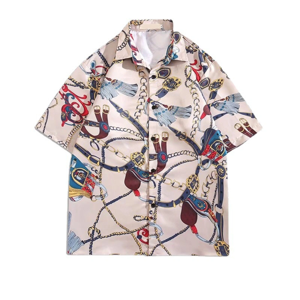 Shirt Short Sleeve Button Down Pretty Print Comfortable Loose Fit Polyester Blouse for Men Women Khaki XL