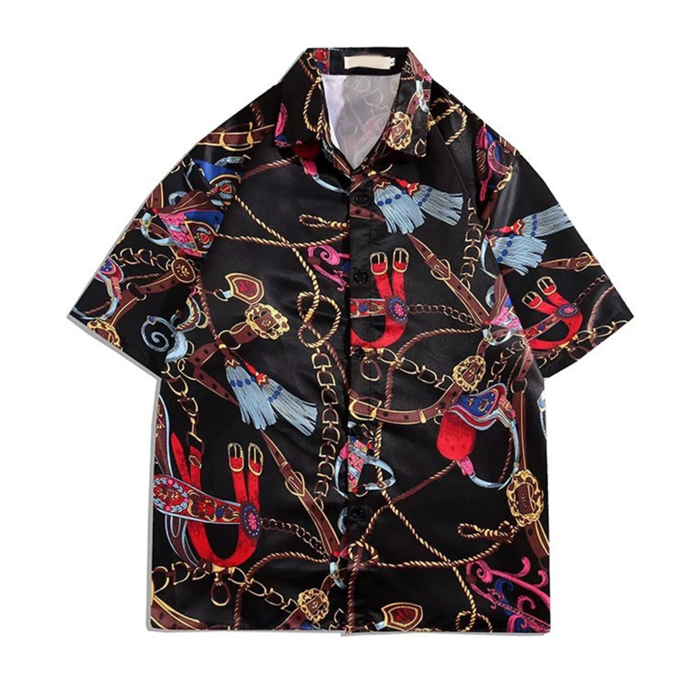 Shirt Short Sleeve Button Down Pretty Print Comfortable Loose Fit Polyester Blouse for Men Women Black XL