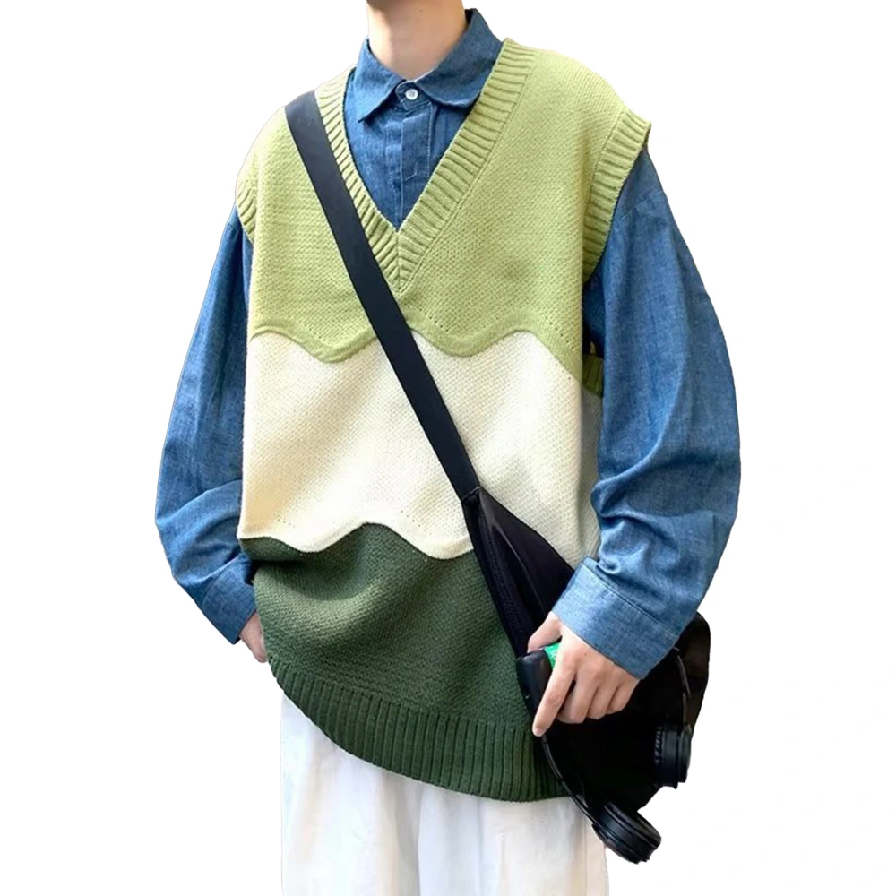 Men V Neck Sleeveless Sweater Vest Loose Casual Color Block Pullover Knit Tank Top for Dating Green L