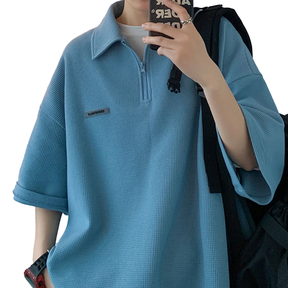 Men Short Sleeve Zipper Top Fashionable Casual Loose Plain Color Turn Down Collar T Shirt Blouse Blue XXL