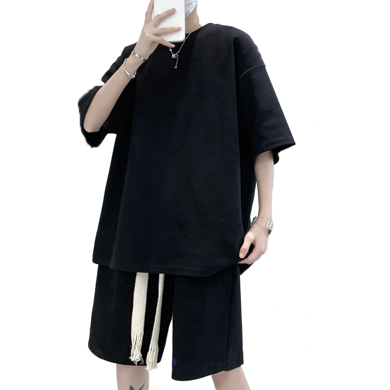 Men 2 Pieces T Shirt Set Short Sleeves Top Knee Length Shorts Summer Casual Clothes Set Black L