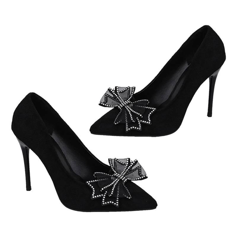 Black Pointed Toe High Heels Women Fashionable Elegant Wedding Party Bow High Heeled Shoes Black 2.4in 37