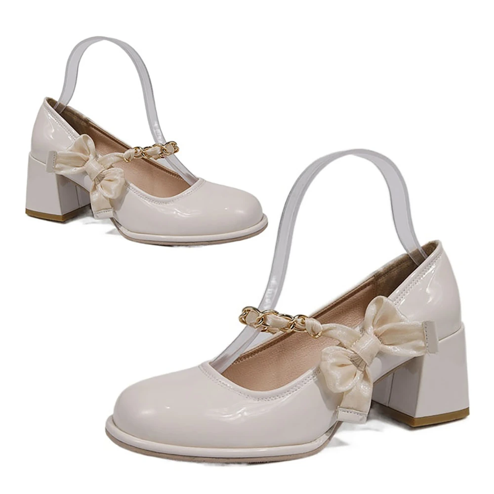 Women Plain Color High Heeled Shoes Elegant Fashionable PU Leather Cute Bow High Heels for Dancing Party Beige 37