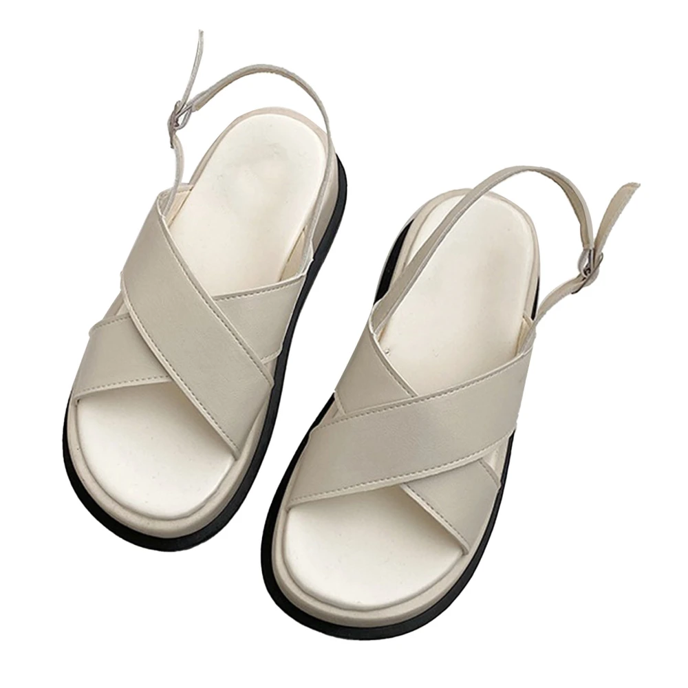 Women Cross Strap Sandals Fashionable Casual PU Leather Thick Sole Lady Summer Sandals Beige 36