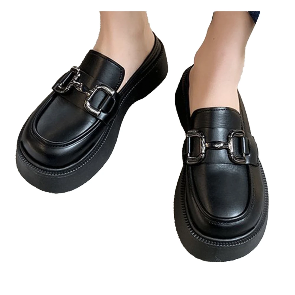 Women Uniform Dress Shoes Metal Buckle PU Leather Round Toe Platform Shoes for Spring Summer Black 37