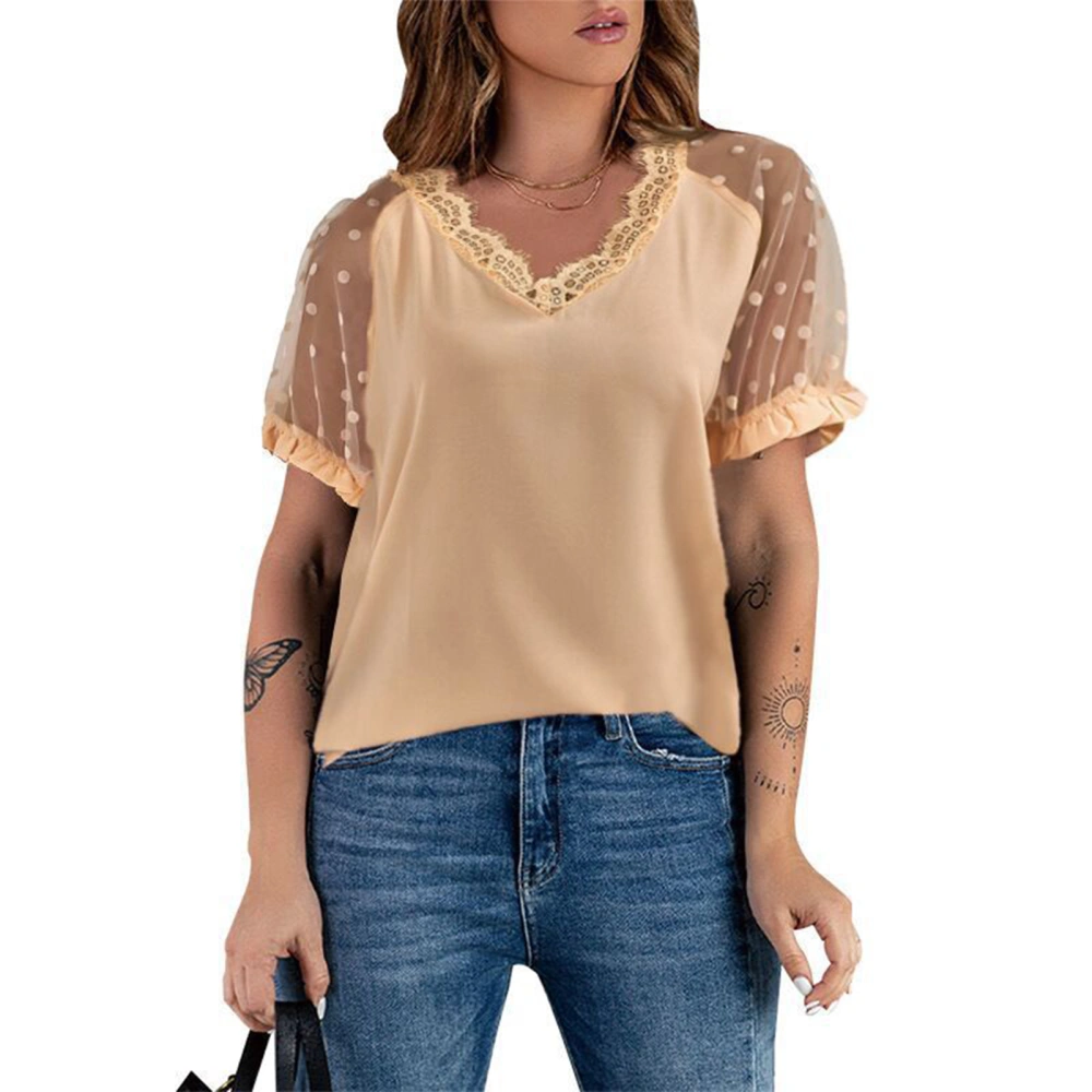 Mesh Dot Short Sleeve Top Women Casual Elegant Stylish Plain Color V Neck Lace Shirt Blouse for Work Apricot S