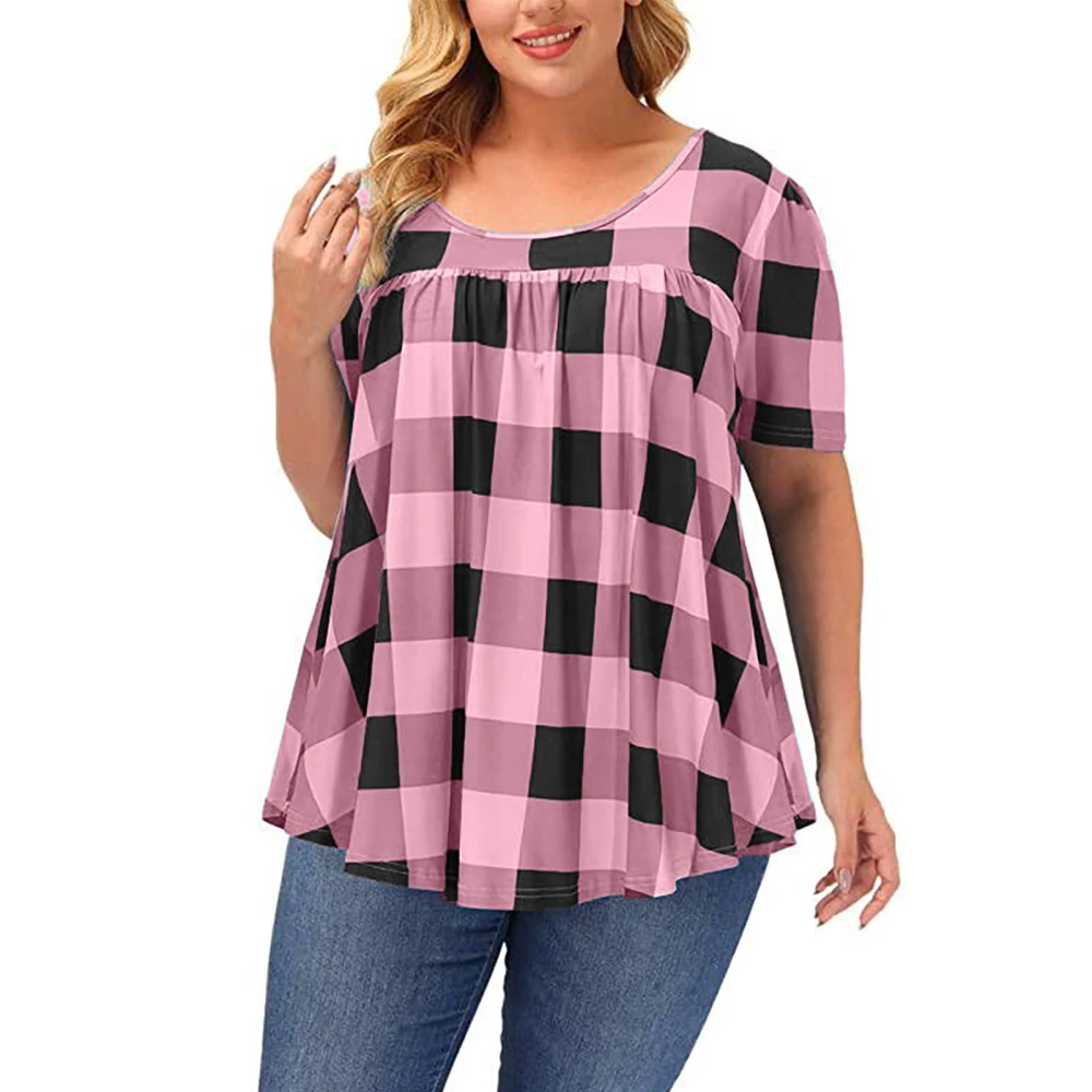 Short Sleeve Crewneck Top Women Fashionable Loose Casual Gingham Pleated Shirt Blouse for Dating Party Pink XXL