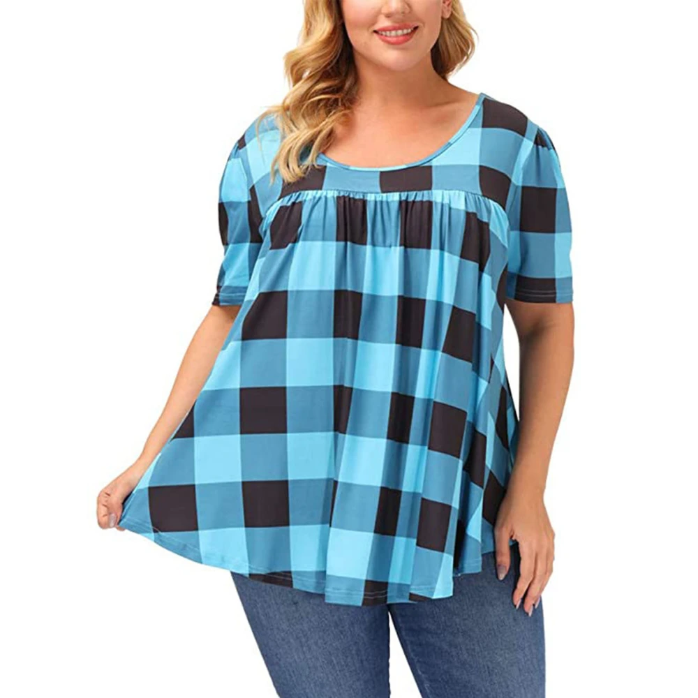 Short Sleeve Crewneck Top Women Fashionable Loose Casual Gingham Pleated Shirt Blouse for Dating Party Blue 5XL