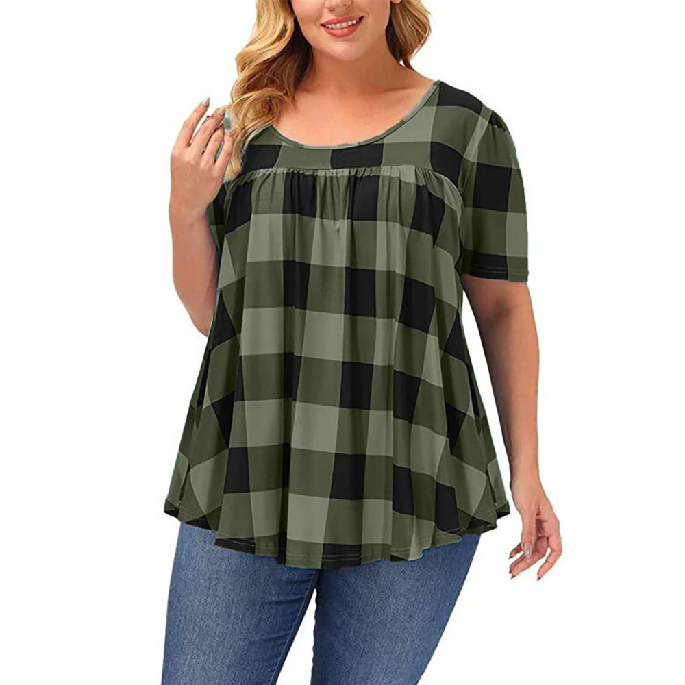 Short Sleeve Crewneck Top Women Fashionable Loose Casual Gingham Pleated Shirt Blouse for Dating Party OD Green 3XL