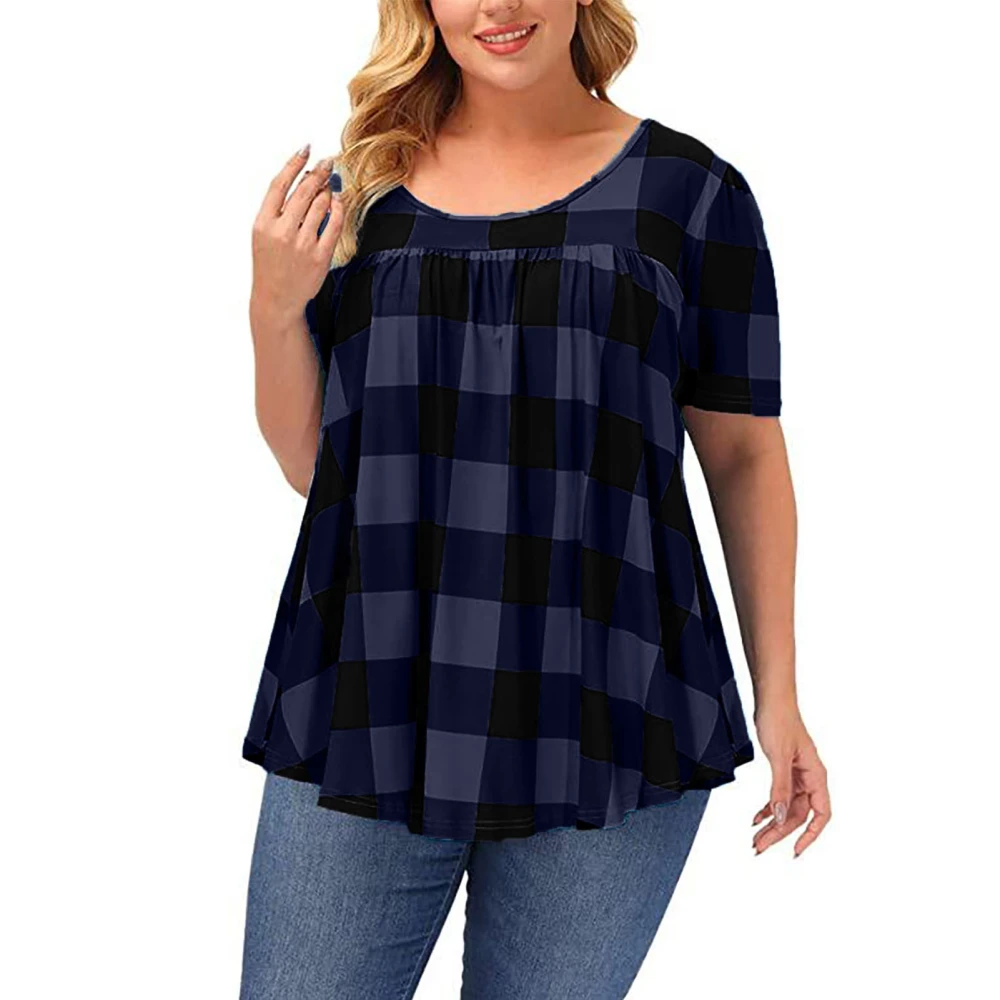 Short Sleeve Crewneck Top Women Fashionable Loose Casual Gingham Pleated Shirt Blouse for Dating Party Navy Blue XXL