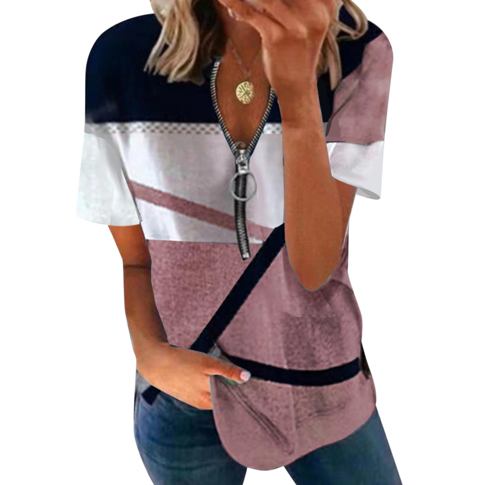 Women Short Sleeve Pullover Tops Summer Fashionable Casual Loose Contrast Color Print Zipper Women Short Sleeve Blouse Wine Red XXL