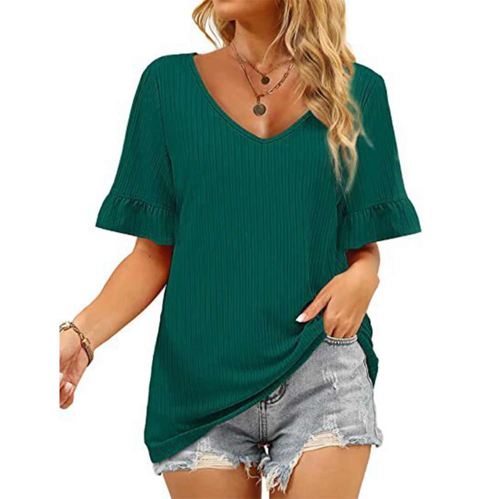 Women V Neck Tops Pure Color Soft Skin Friendly Short Sleeve T Shirt for Dating Shopping Green M