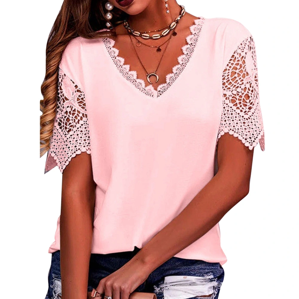 Women Short Sleeve Top V Neck Lace Trim Pure Color Loose Fit Casual Blouse for Everyday Wear Pink L