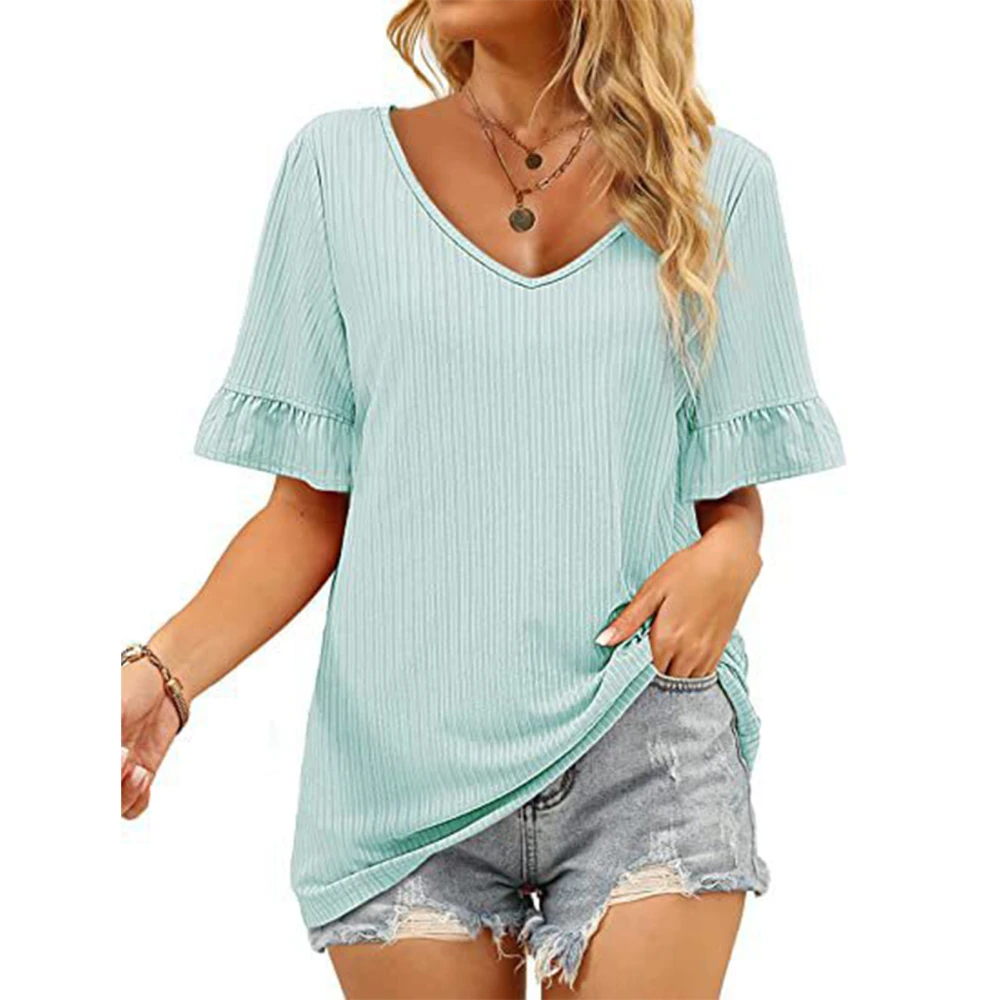 Women V Neck Tops Pure Color Soft Skin Friendly Short Sleeve T Shirt for Dating Shopping Light Green XL