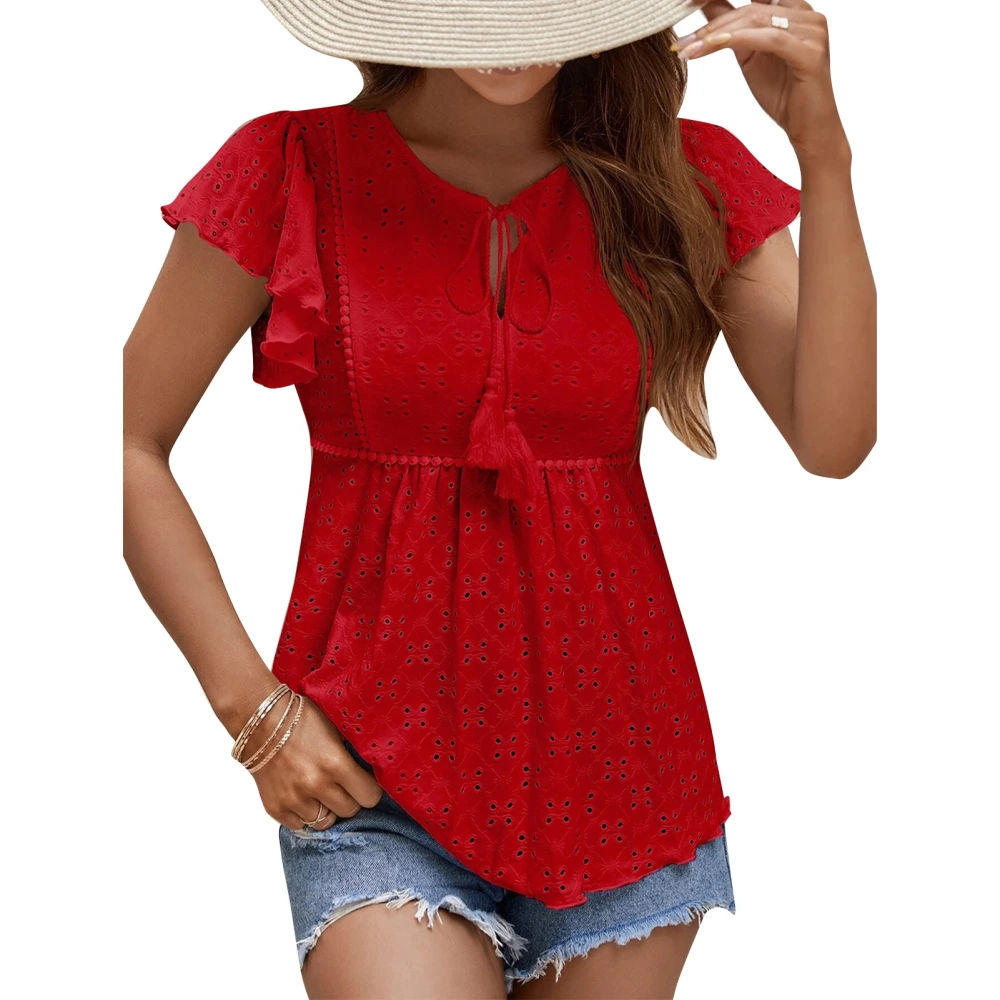 Women Jacquard Eyelet T Shirt Women Ruffle Sleeve Round Neck Top Summer Lace Up Pullover Top Red M