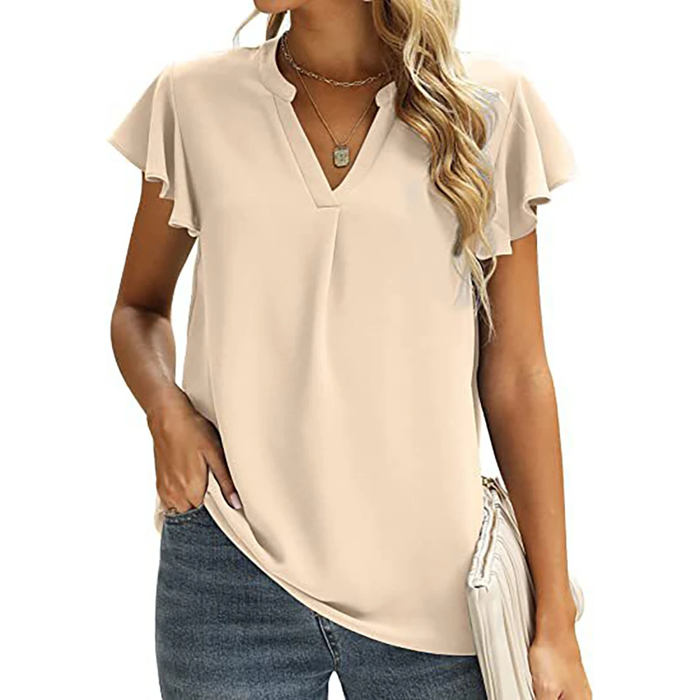 Women Cap Sleeve Blouse Top Fashionable Elegant Loose Casual Pure Color V Neck Shirt for Shopping Beige L