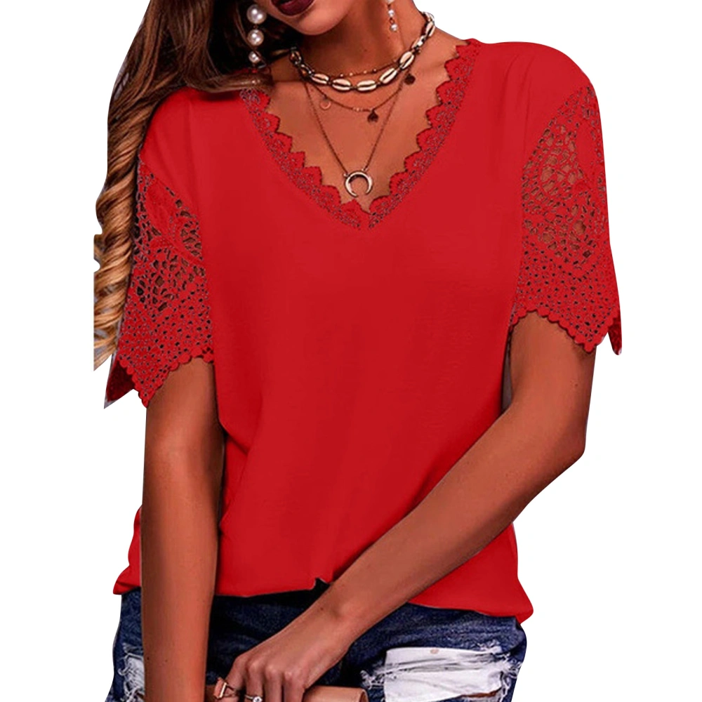 Women Short Sleeve Top V Neck Lace Trim Pure Color Loose Fit Casual Blouse for Everyday Wear Red XXL